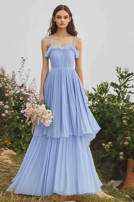 Light Blue Spaghetti Straps A Line Ruffles Chiffon Bridesmaid Dress made by Zapaka