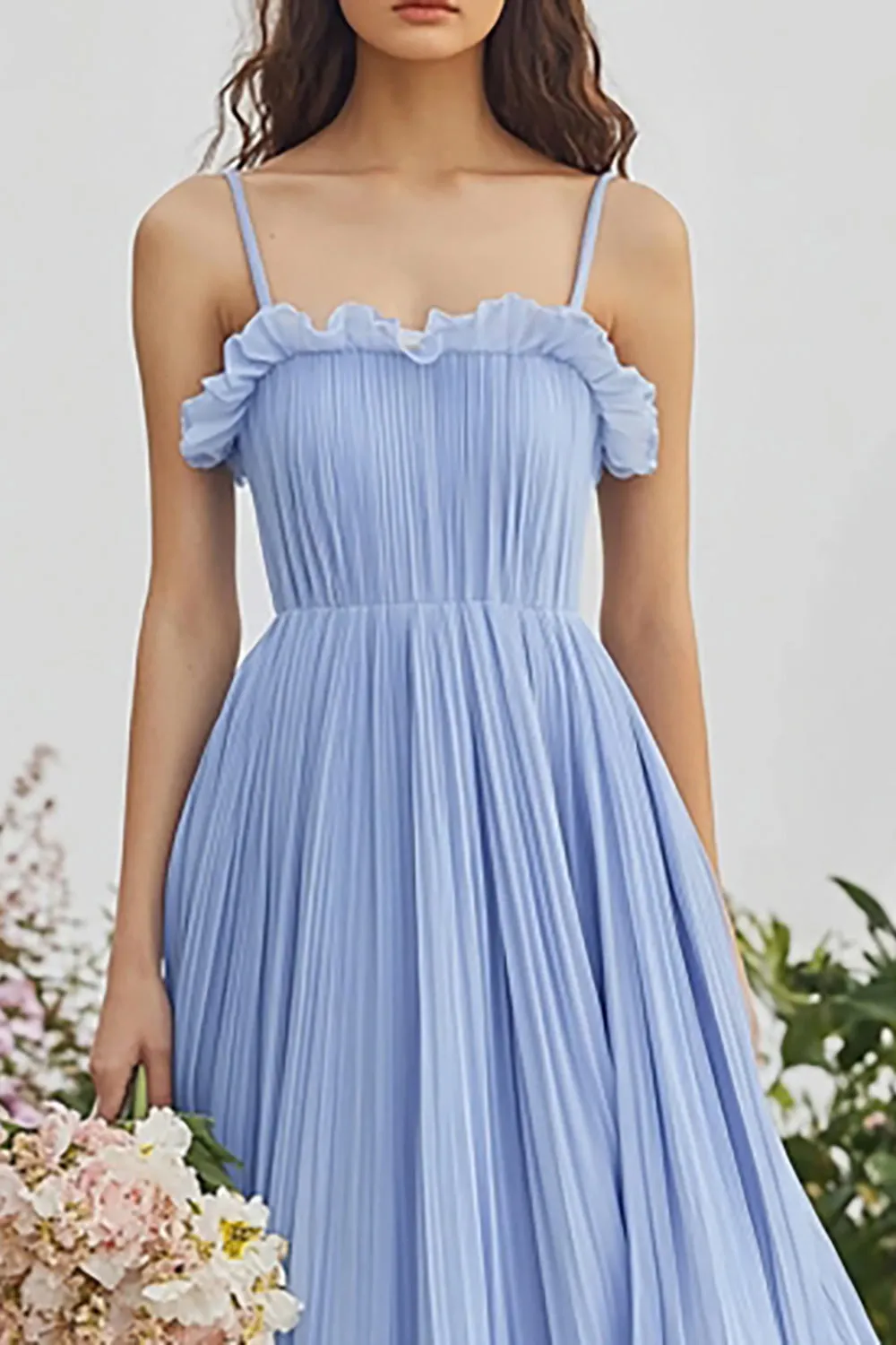 Light Blue Spaghetti Straps A Line Ruffles Chiffon Bridesmaid Dress sold by Zapaka product image thumbnail 2