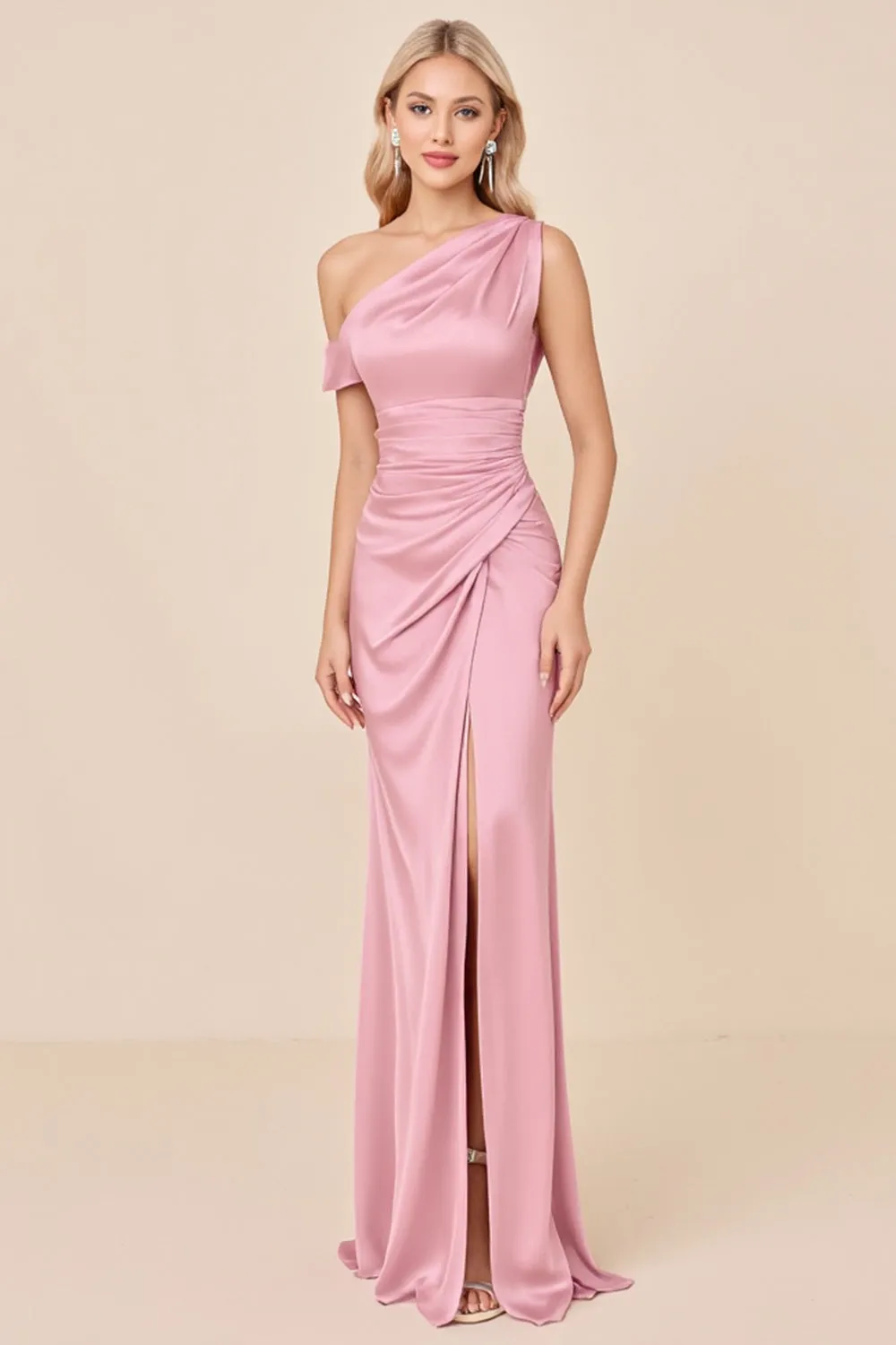 One Shoulder Satin Blush Pink Long Bridesmaid Dress with Slit sold by Zapaka