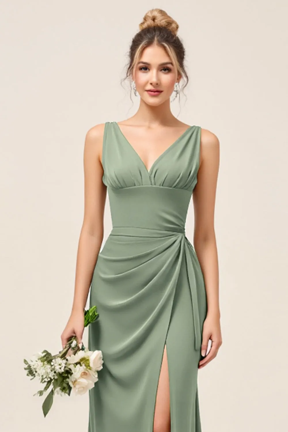 Eucalyptus Sheath V-Neck Ruched Long Bridesmaid Dress with Slit sold by Zapaka product image thumbnail 4