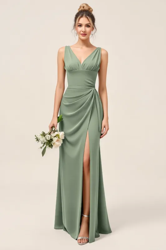 Eucalyptus Sheath V-Neck Ruched Long Bridesmaid Dress with Slit sold by Zapaka