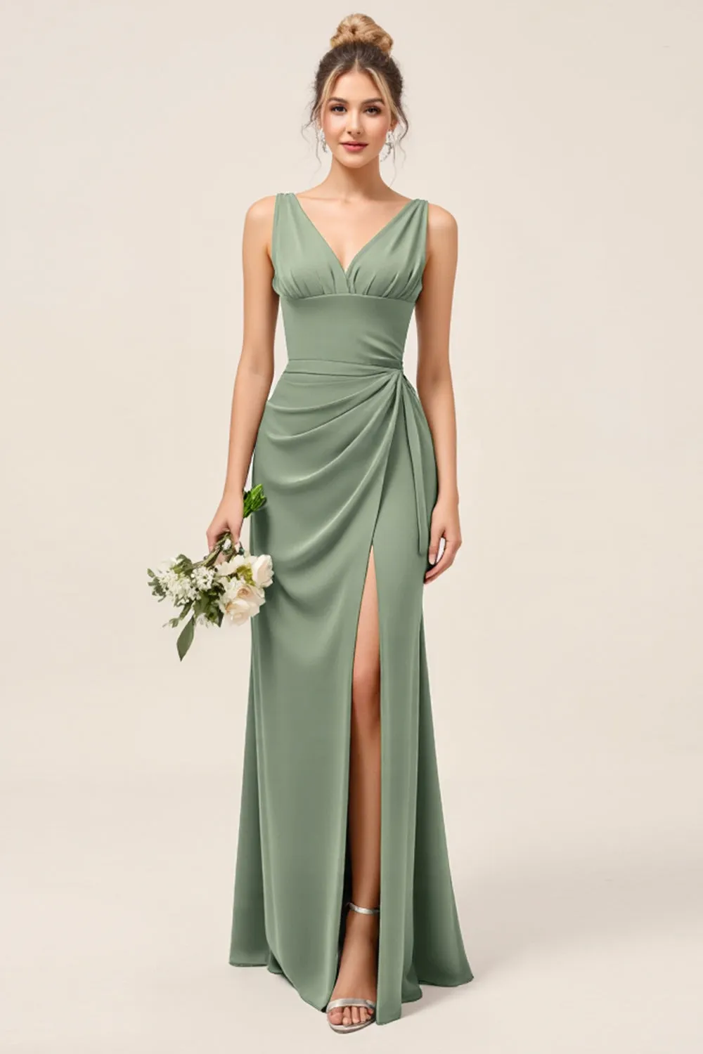 Eucalyptus Sheath V-Neck Ruched Long Bridesmaid Dress with Slit sold by Zapaka
