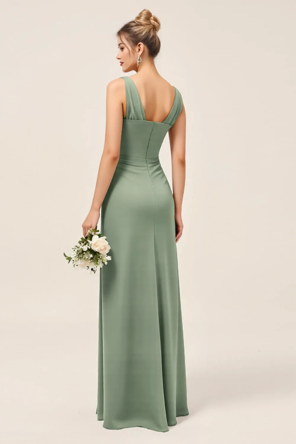Eucalyptus Sheath V-Neck Ruched Long Bridesmaid Dress with Slit sold by Zapaka product image thumbnail 2