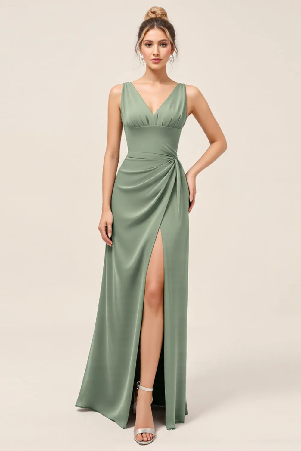 Eucalyptus Sheath V-Neck Ruched Long Bridesmaid Dress with Slit sold by Zapaka product image thumbnail 3