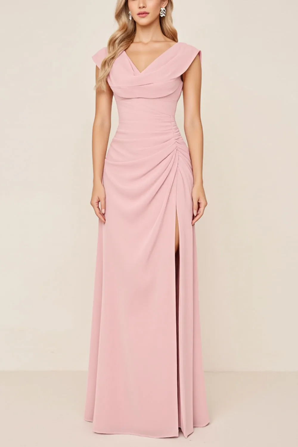 Candy Pink Chiffon Cowl Neck Long Bridesmaid Dress with Slit sold by Zapaka product image thumbnail 3