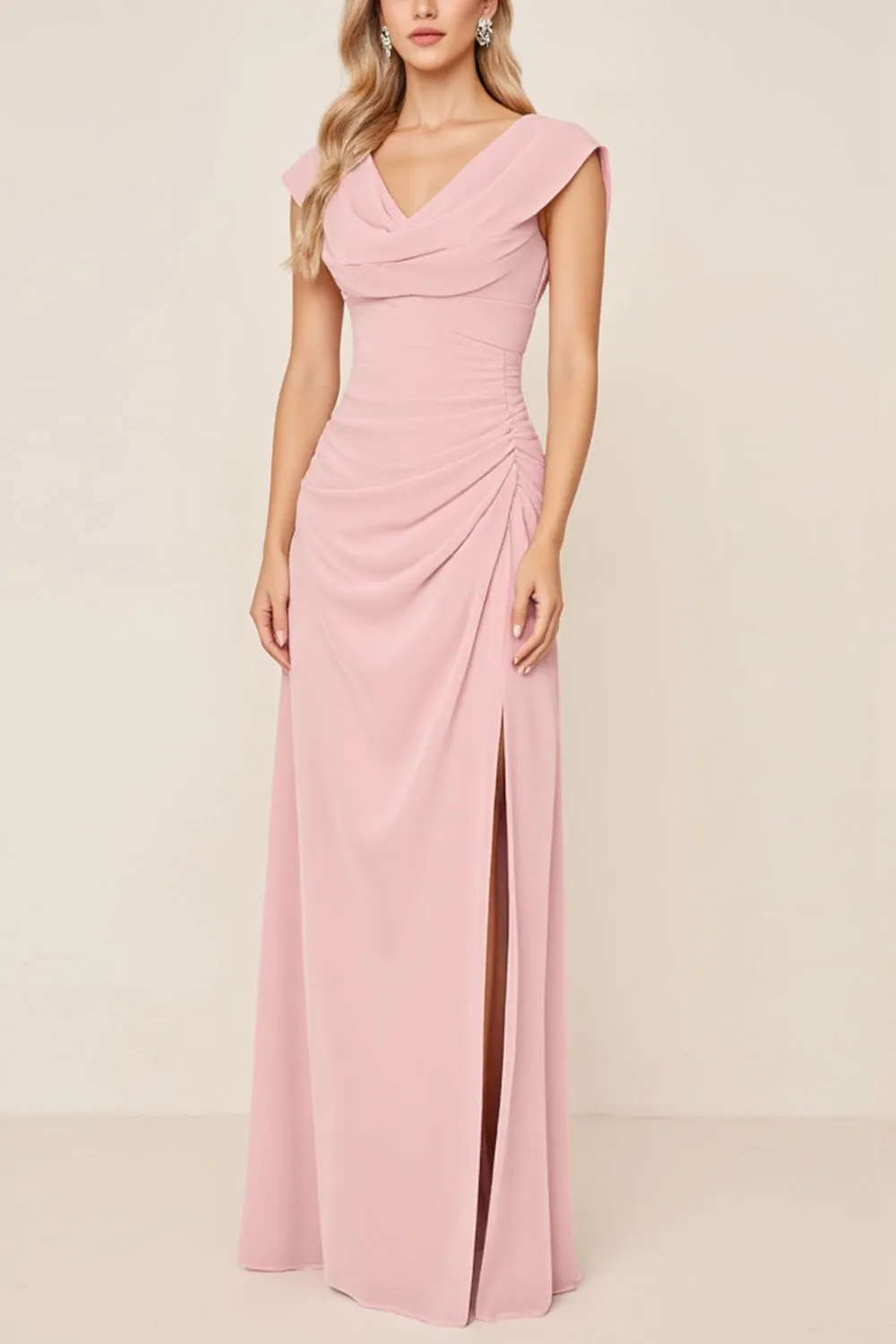 Candy Pink Chiffon Cowl Neck Long Bridesmaid Dress with Slit sold by Zapaka