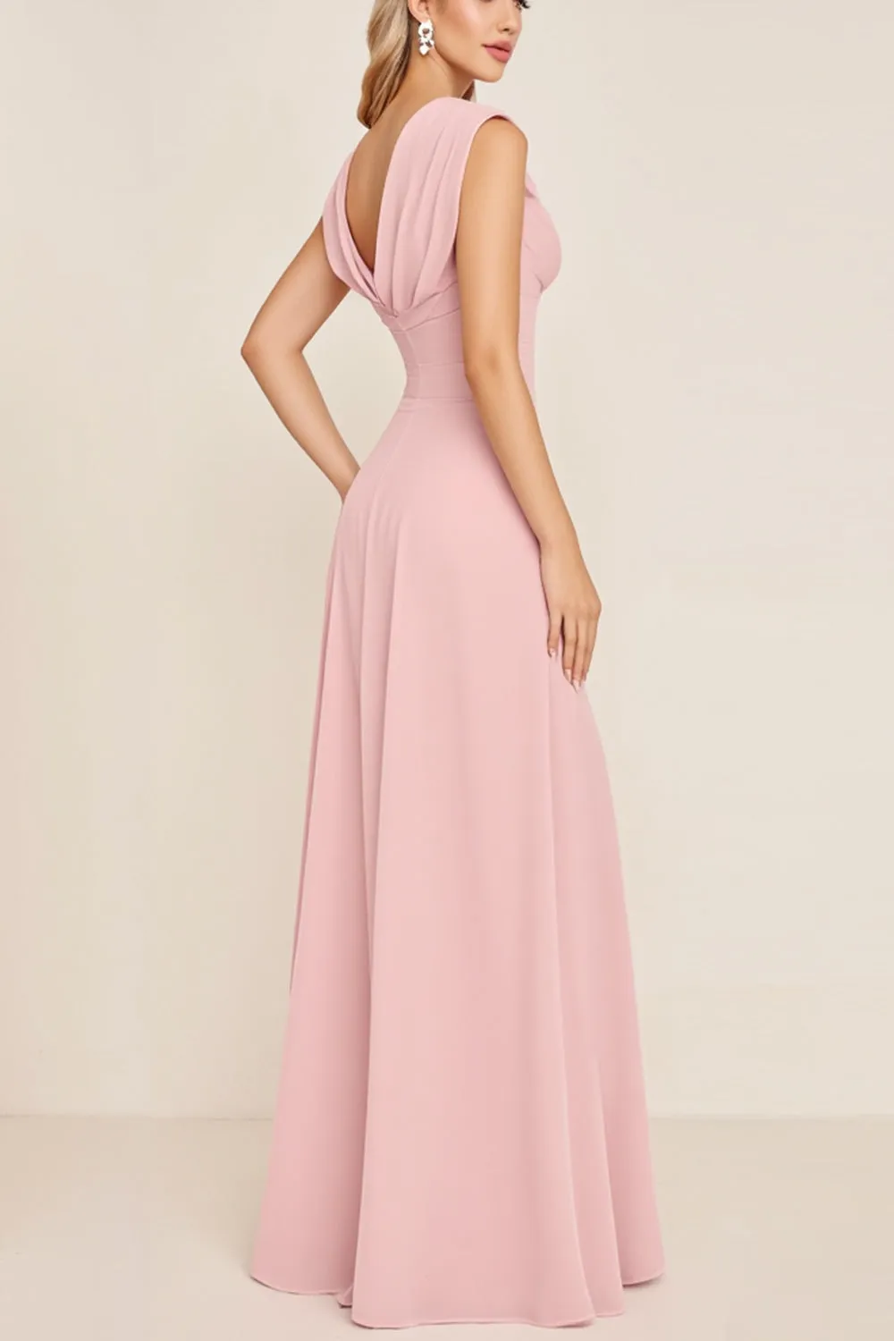 Candy Pink Chiffon Cowl Neck Long Bridesmaid Dress with Slit sold by Zapaka product image thumbnail 2