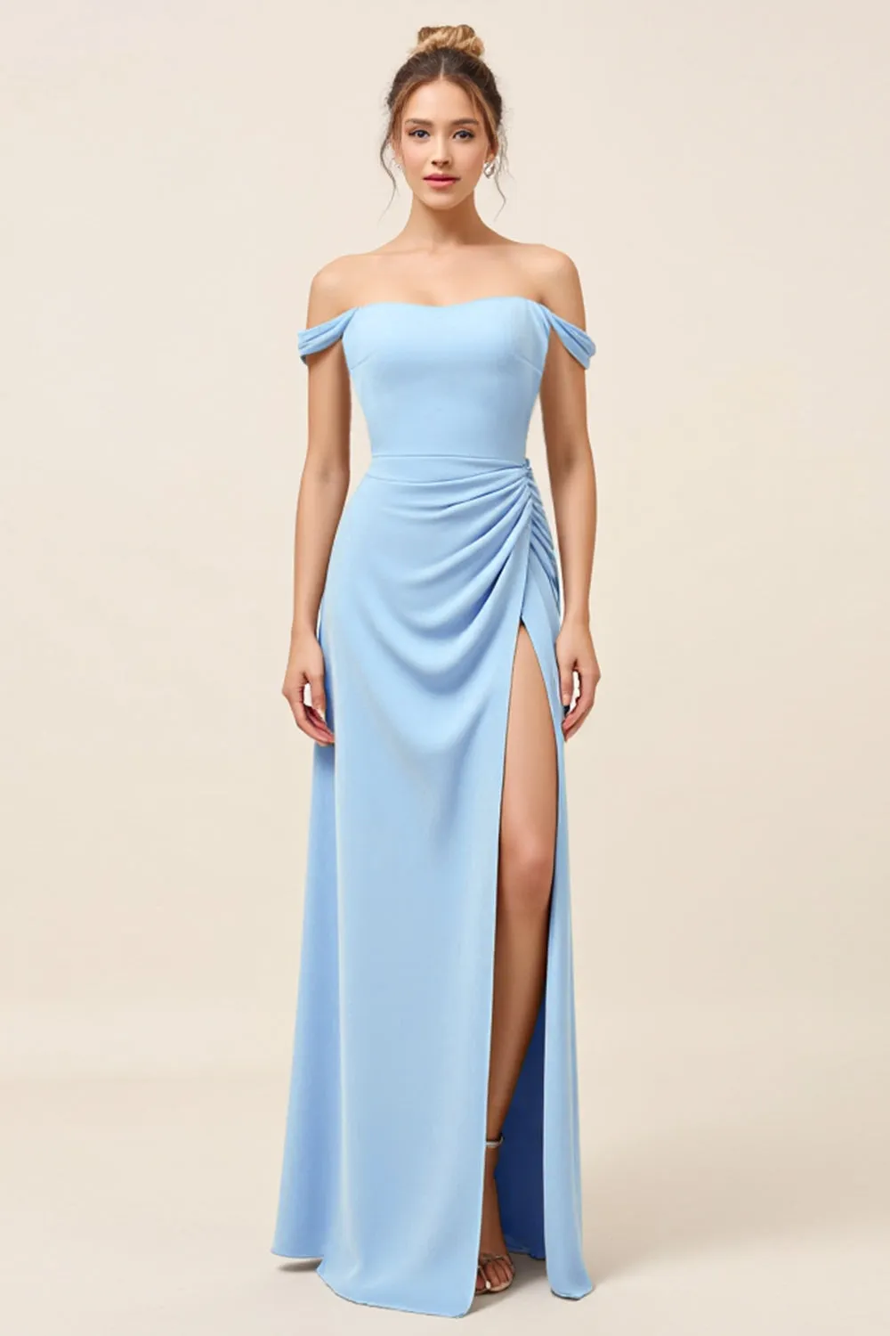 Sky Blue Sheath Off the Shoulder Ruched Long Bridesmaid Dress with Slit sold by Zapaka