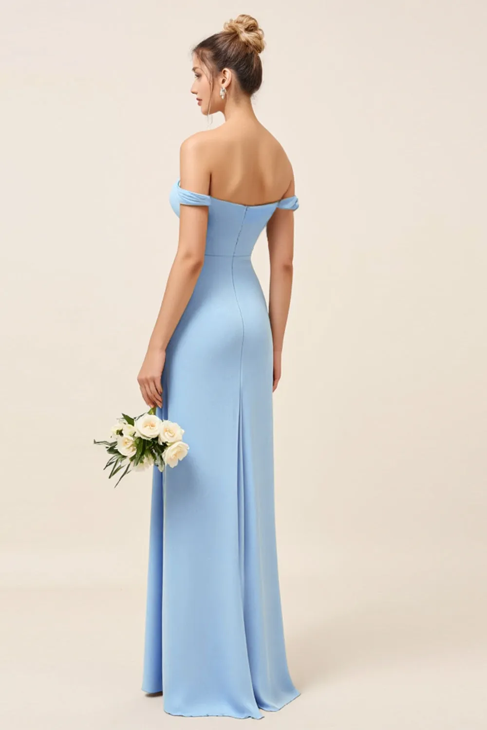 Sky Blue Sheath Off the Shoulder Ruched Long Bridesmaid Dress with Slit sold by Zapaka product image thumbnail 2