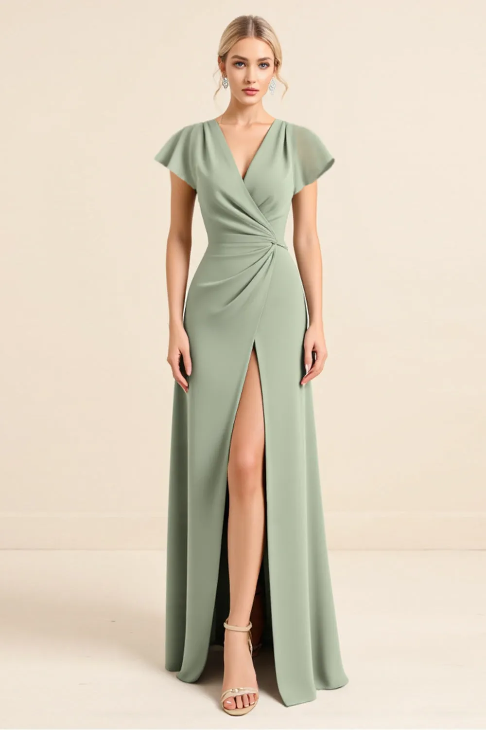 Matcha Sheath V-Neck Ruffle Sleeves Long Bridesmaid Dress with Slit sold by Zapaka