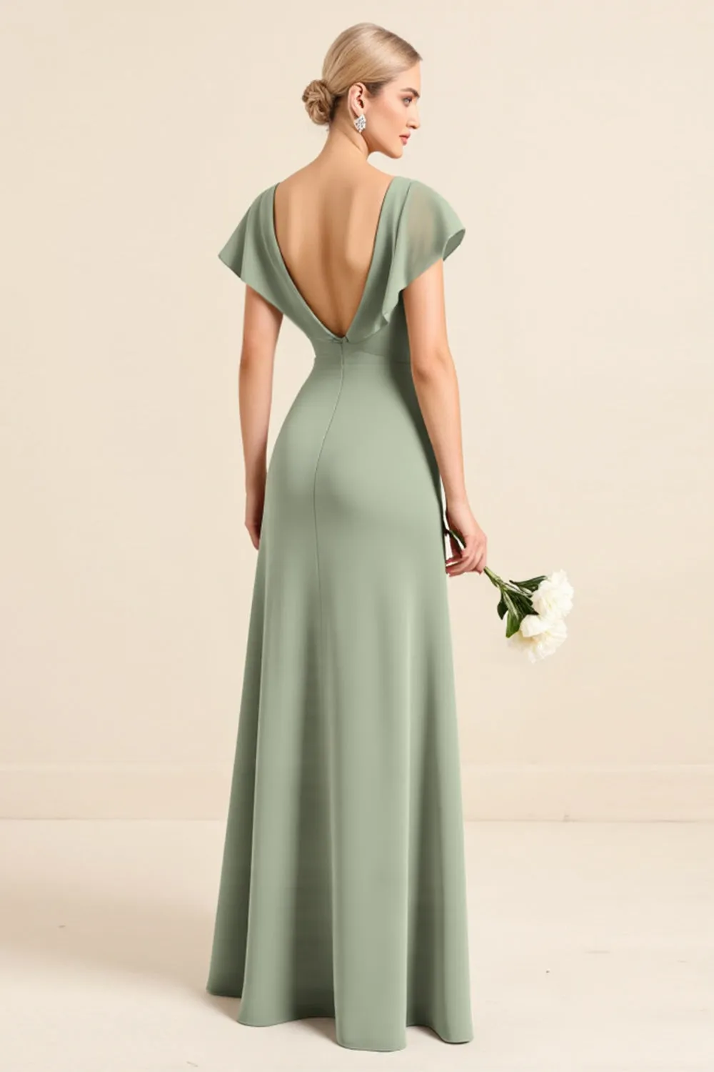 Matcha Sheath V-Neck Ruffle Sleeves Long Bridesmaid Dress with Slit sold by Zapaka product image thumbnail 2