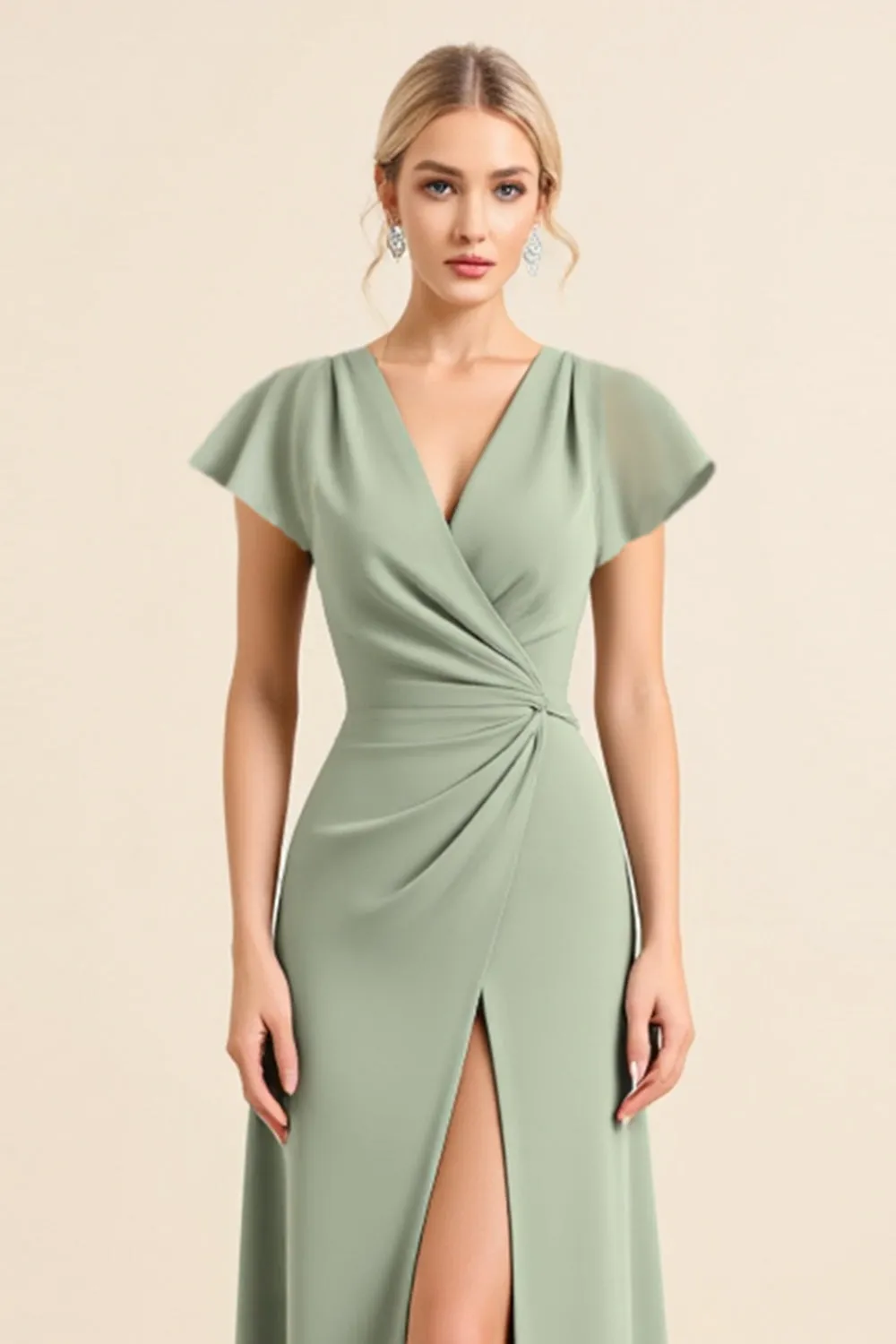 Matcha Sheath V-Neck Ruffle Sleeves Long Bridesmaid Dress with Slit sold by Zapaka product image thumbnail 3