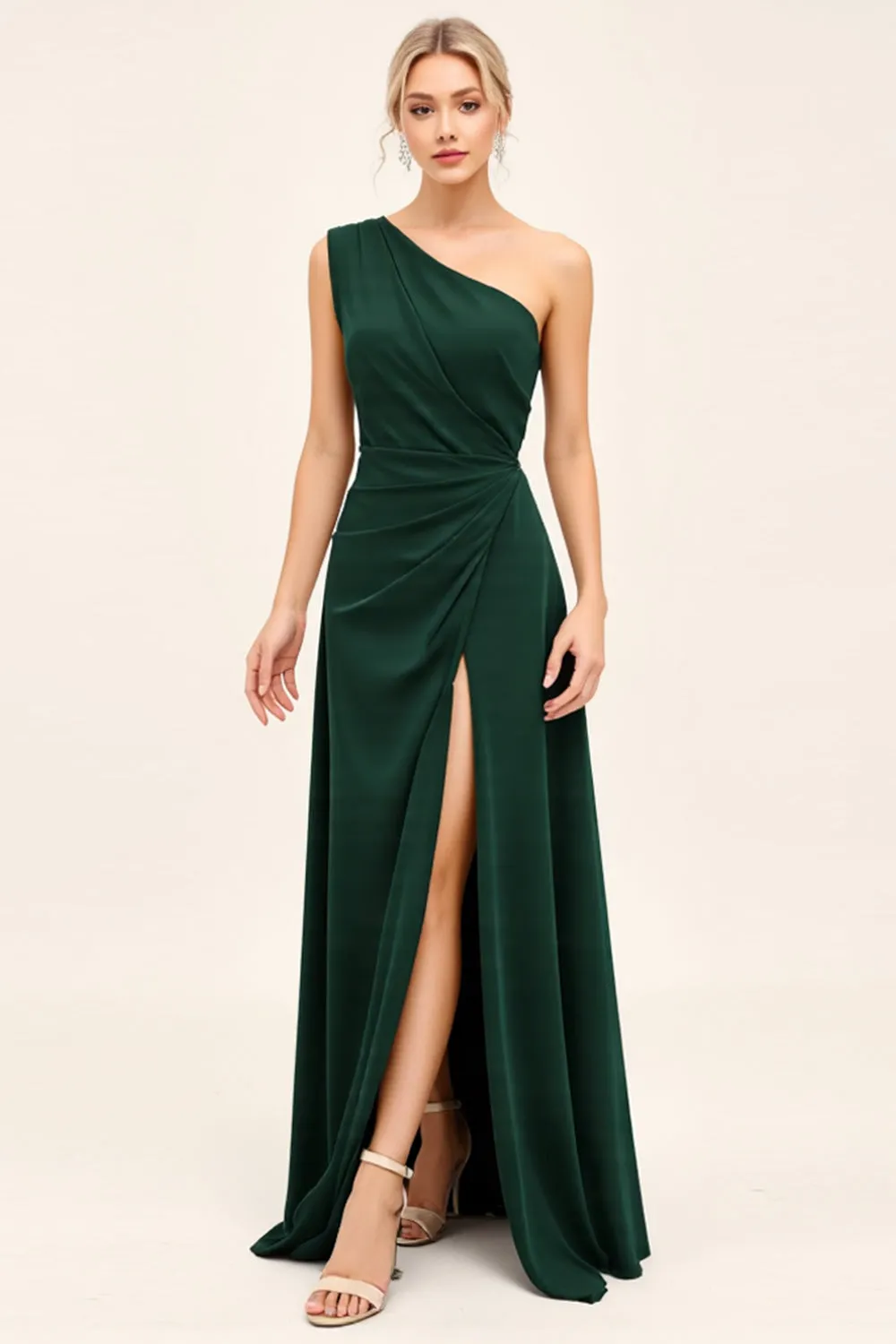 Pine Ruched One Shoulder Long Bridesmaid Dress with Slit sold by Zapaka