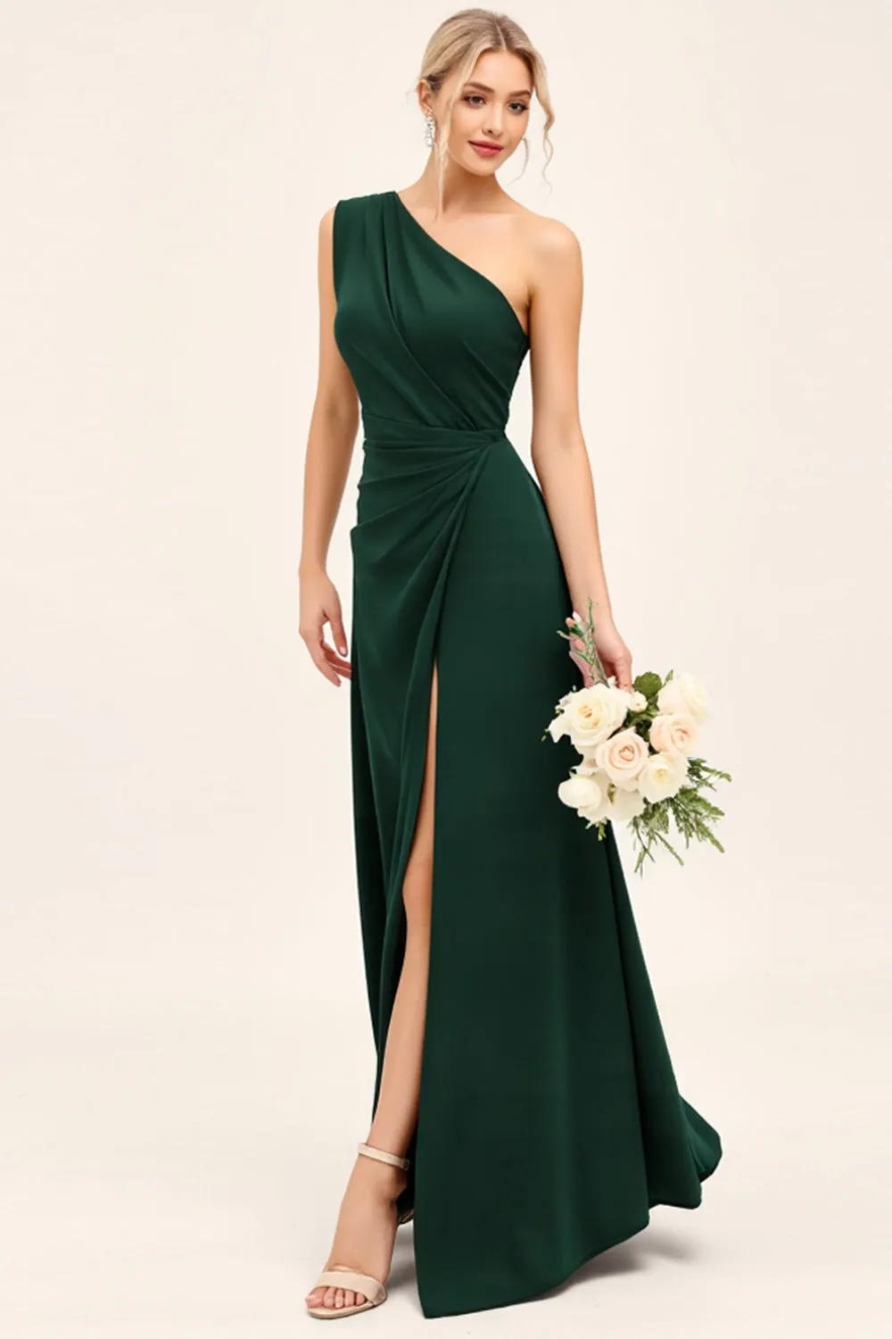 Pine Ruched One Shoulder Long Bridesmaid Dress with Slit sold by Zapaka product image thumbnail 3