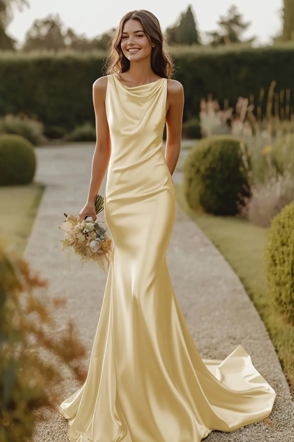 Daffodil Cowl Neck Satin Mermaid Bridesmaid Dress sold by Zapaka