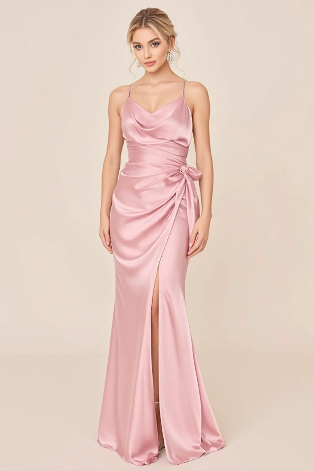 Blush Pink Satin Spaghetti Straps Long Brideamaid Dress with Slit sold by Zapaka