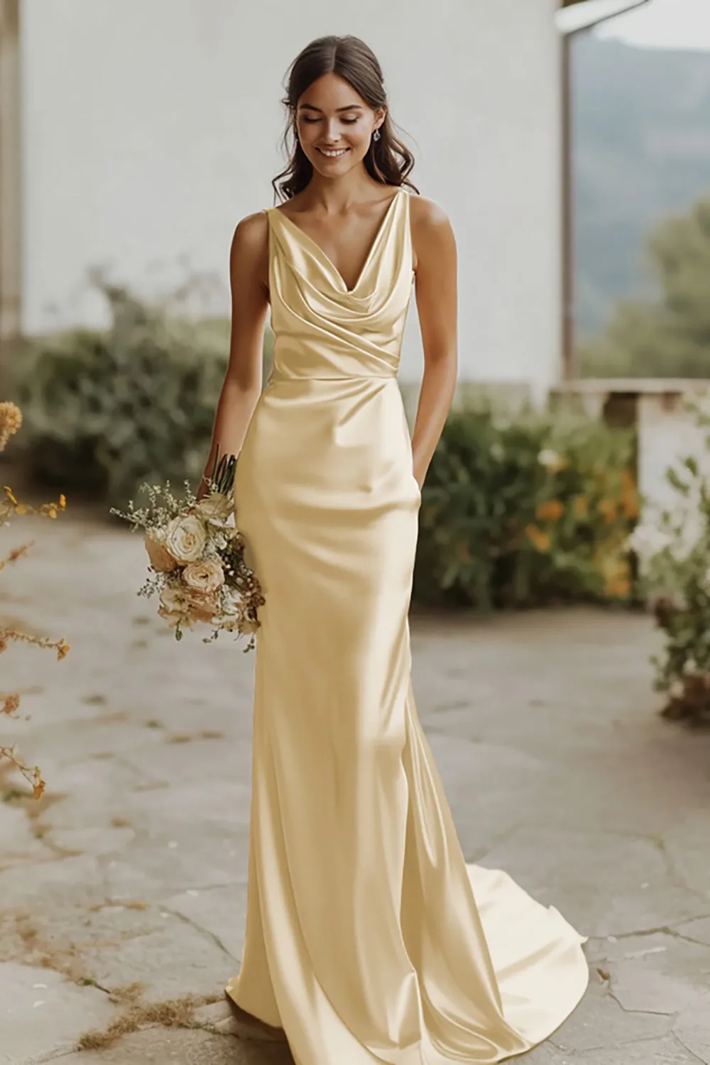 Daffodil V-Neck Sheath Satin Bridesmaid Dress sold by Zapaka