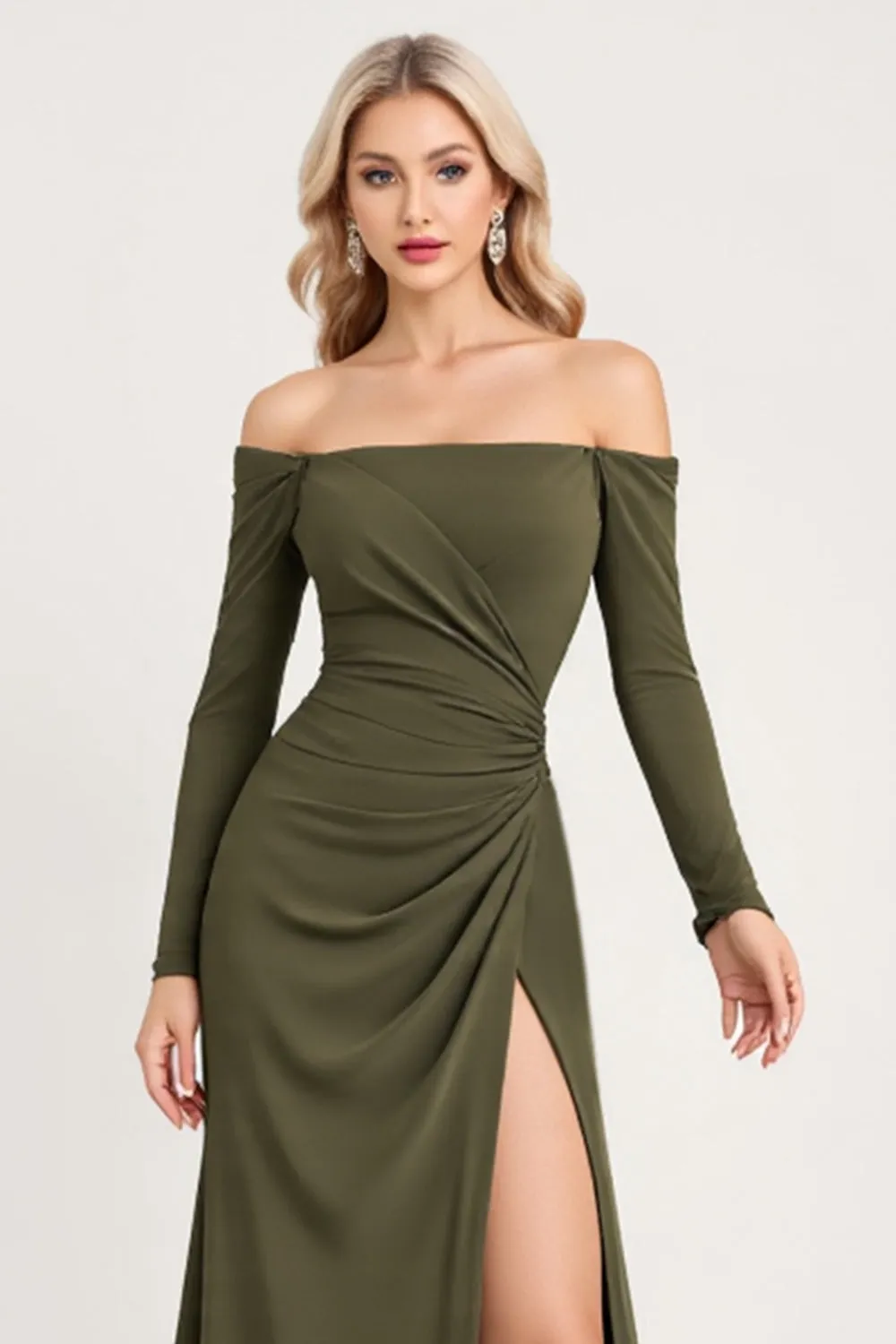 Olive Ruched Off The Shoulder Long Bridesmaid Dress with Long Sleeves sold by Zapaka product image thumbnail 3