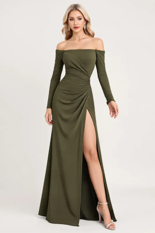 Olive Ruched Off The Shoulder Long Bridesmaid Dress with Long Sleeves sold by Zapaka