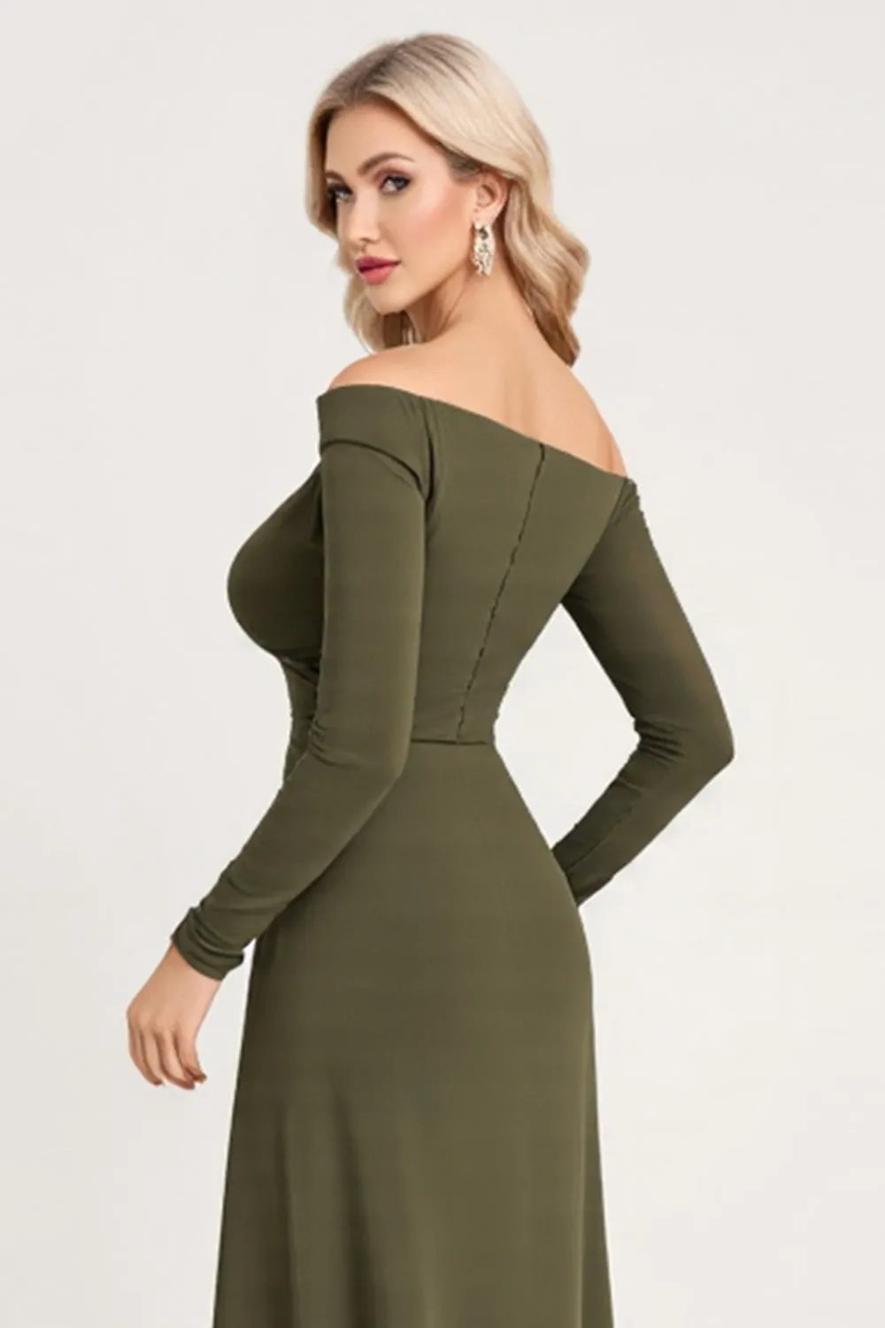 Olive Ruched Off The Shoulder Long Bridesmaid Dress with Long Sleeves sold by Zapaka product image thumbnail 4