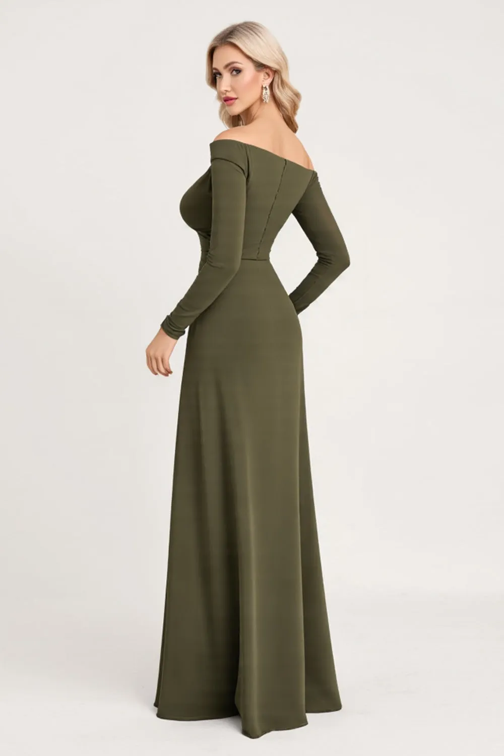 Olive Ruched Off The Shoulder Long Bridesmaid Dress with Long Sleeves sold by Zapaka product image thumbnail 2