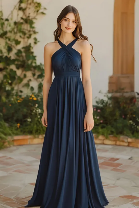 Halter Navy A Line Halter Chiffon Bridesmaid Dress sold by Zapaka