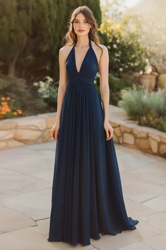 Halter Navy A Line Chiffon Bridesmaid Dress sold by Zapaka