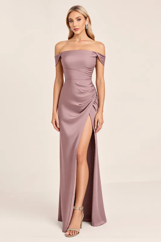 Vintage Mauve Satin Off The Shoulder Long Bridesmaid Dress with Slit sold by Zapaka