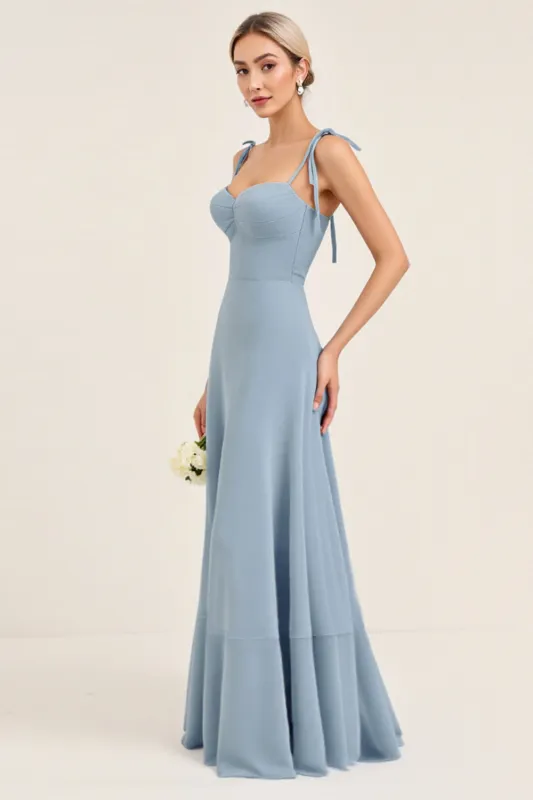A Line Sky Blue Chiffon Spaghetti Straps Long Bridesmaid Dress sold by Zapaka