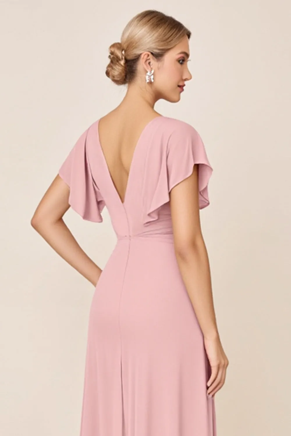 Candy Pink Sheath V Neck Ruffle Sleeves Ruched Long Bridesmaid Dress with Slit sold by Zapaka product image thumbnail 5