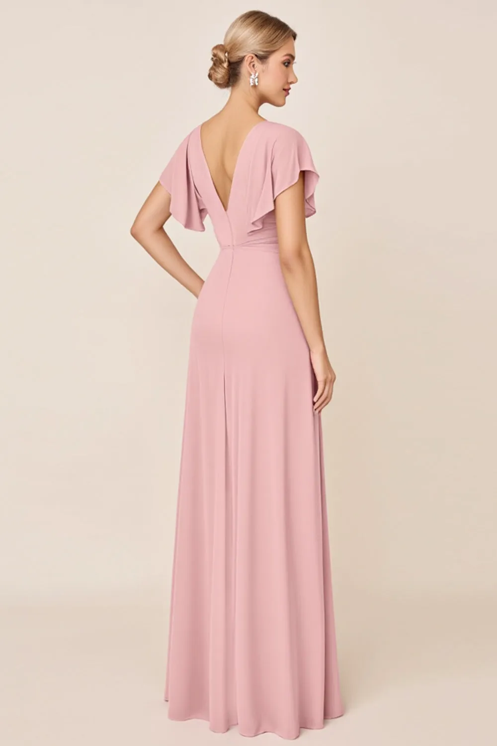 Candy Pink Sheath V Neck Ruffle Sleeves Ruched Long Bridesmaid Dress with Slit sold by Zapaka product image thumbnail 3