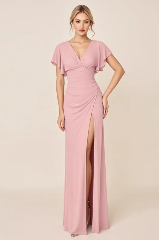Candy Pink Sheath V Neck Ruffle Sleeves Ruched Long Bridesmaid Dress with Slit sold by Zapaka