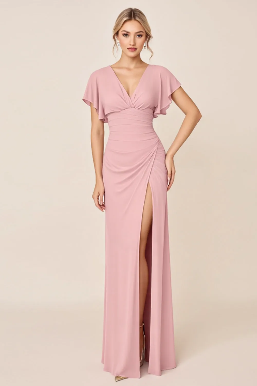 Candy Pink Sheath V Neck Ruffle Sleeves Ruched Long Bridesmaid Dress with Slit sold by Zapaka
