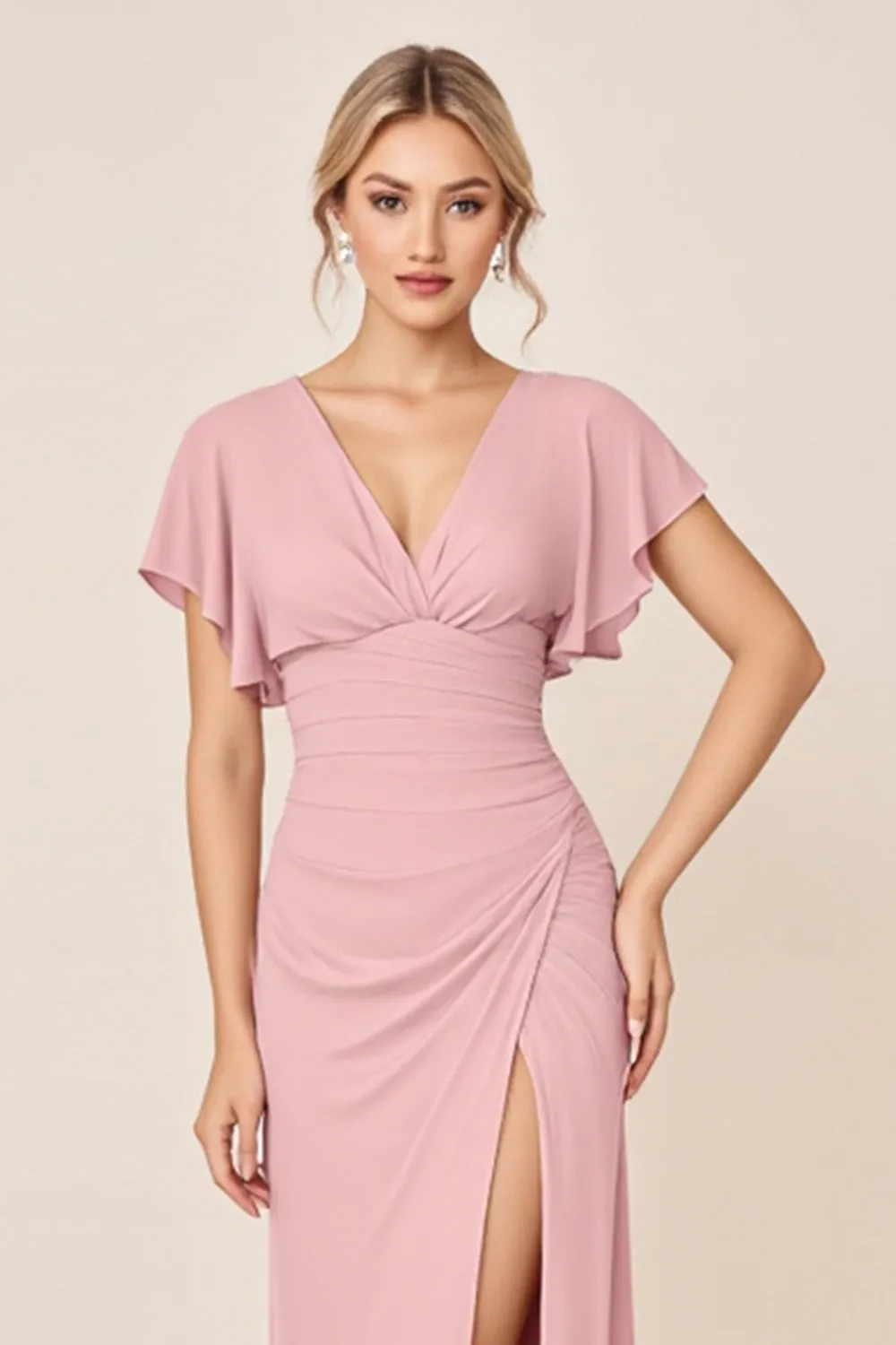 Candy Pink Sheath V Neck Ruffle Sleeves Ruched Long Bridesmaid Dress with Slit sold by Zapaka product image thumbnail 4