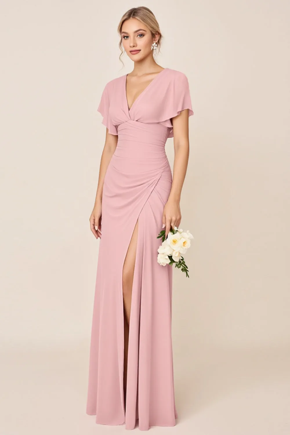 Candy Pink Sheath V Neck Ruffle Sleeves Ruched Long Bridesmaid Dress with Slit sold by Zapaka product image thumbnail 2