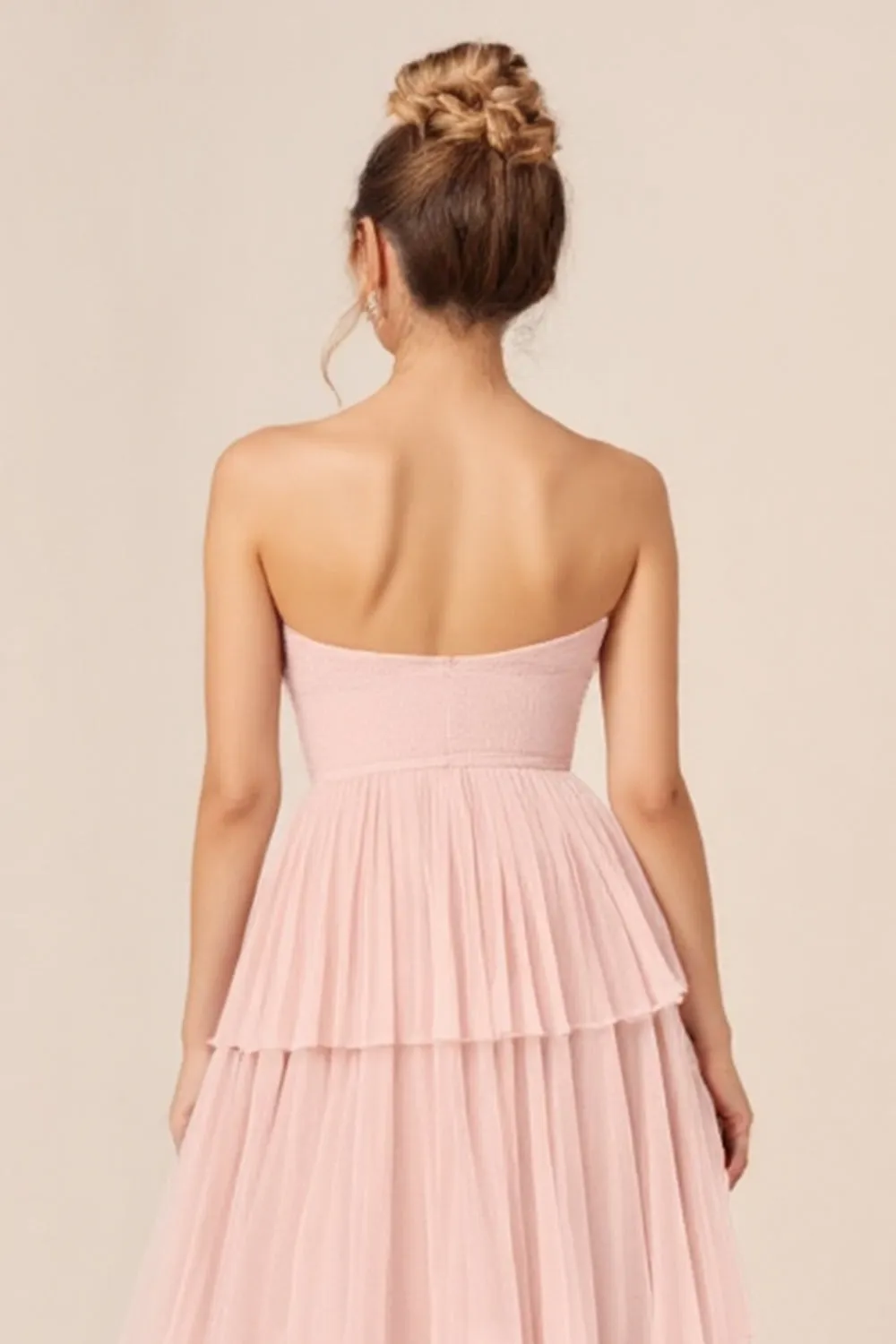 Candy Pink Strapless Tiered Ruffled Long Bridesmaid Dress sold by Zapaka product image thumbnail 4