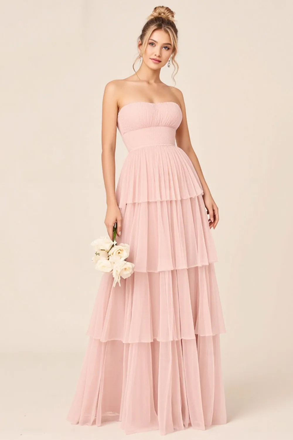 Candy Pink Strapless Tiered Ruffled Long Bridesmaid Dress sold by Zapaka