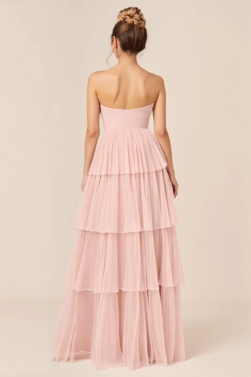 Candy Pink Strapless Tiered Ruffled Long Bridesmaid Dress sold by Zapaka product image thumbnail 2