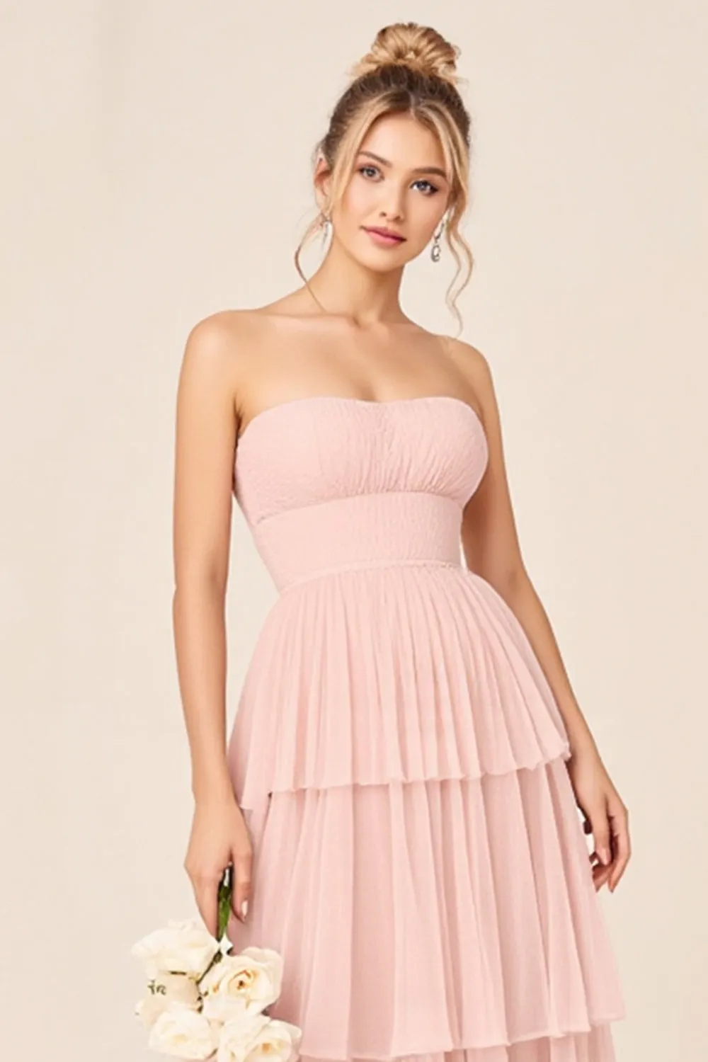 Candy Pink Strapless Tiered Ruffled Long Bridesmaid Dress sold by Zapaka product image thumbnail 3