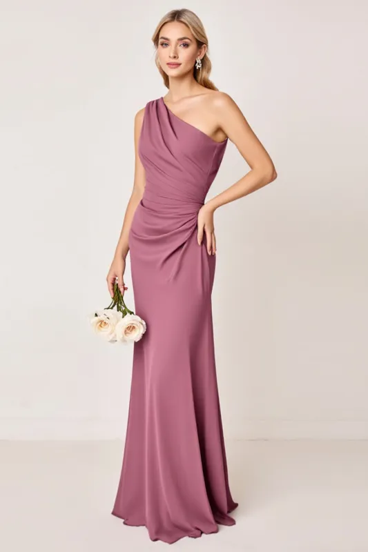 Vintage Mauve Sheath One Shoulder Ruched Long Bridesmaid Dress sold by Zapaka