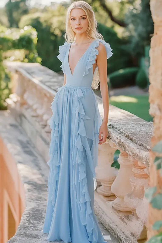Sky Blue V-Neck Chiffon Long Bridesmaid Dress with Ruffles sold by Zapaka