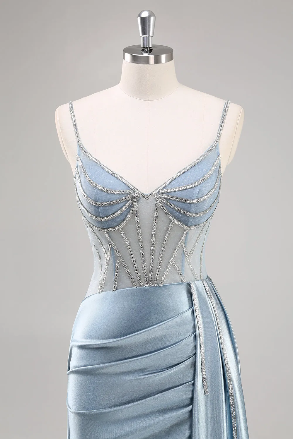 Dusty Blue Sheath Spaghetti Straps Cape Long Prom Dress with Beading sold by Zapaka product image thumbnail 4