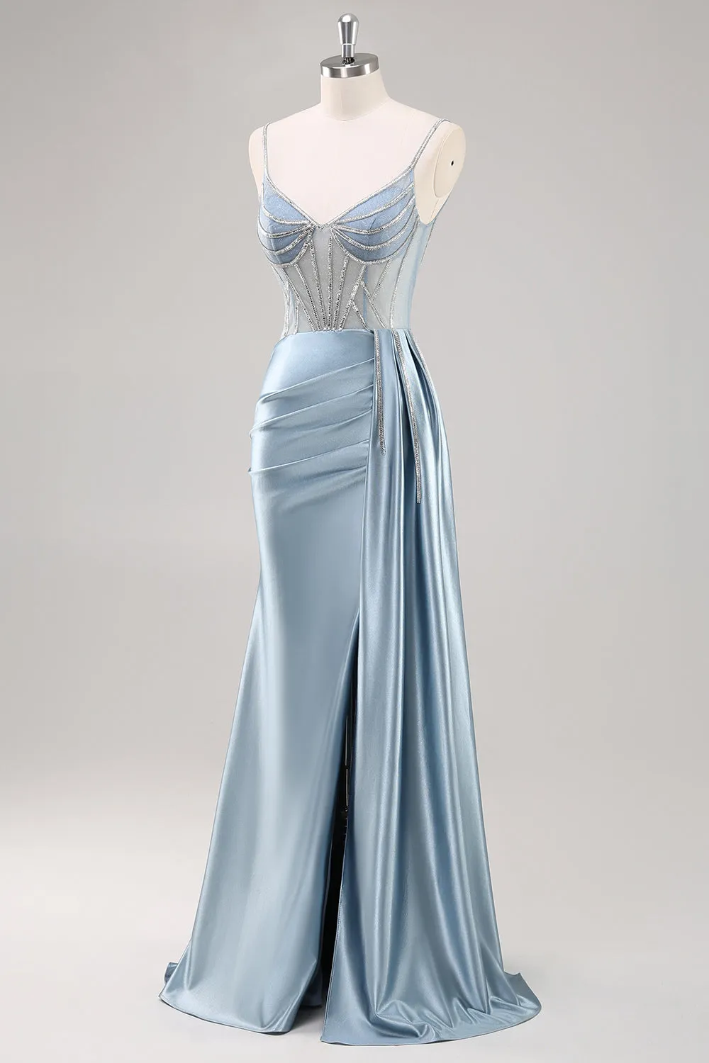 Dusty Blue Sheath Spaghetti Straps Cape Long Prom Dress with Beading sold by Zapaka product image thumbnail 3