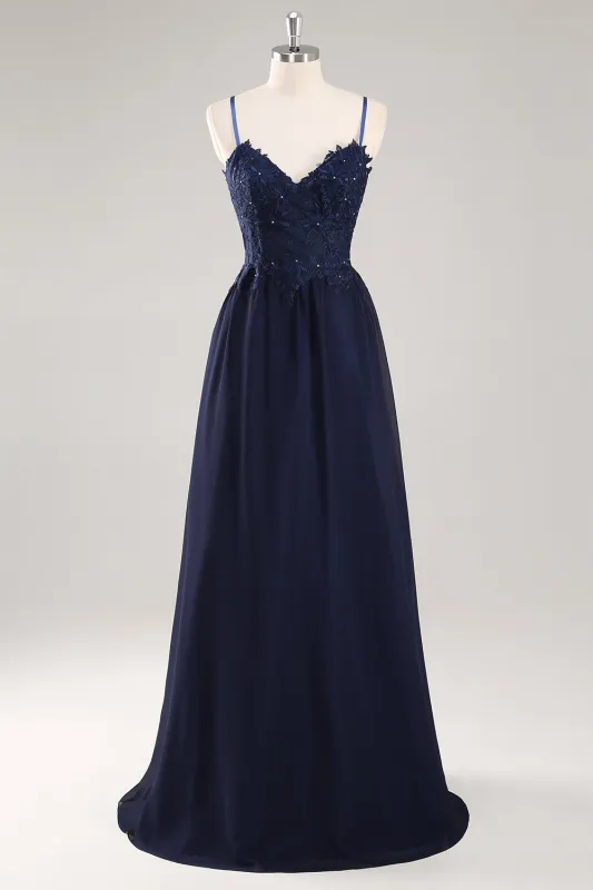 Navy Spaghetti Straps A Line Long Prom Dress with Appliques sold by Zapaka