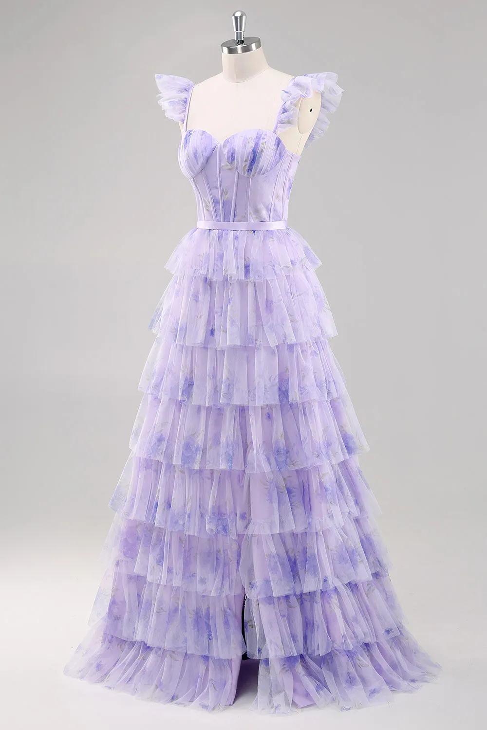 Lavender A Line Tiered Tulle Long Prom Dress with Slit sold by Zapaka product image thumbnail 3