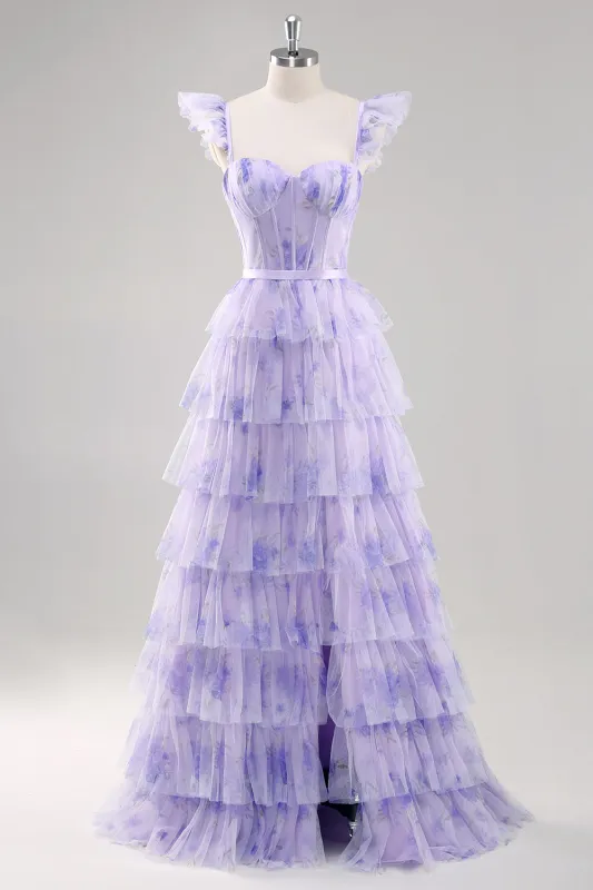 Lavender A Line Tiered Tulle Long Prom Dress with Slit sold by Zapaka