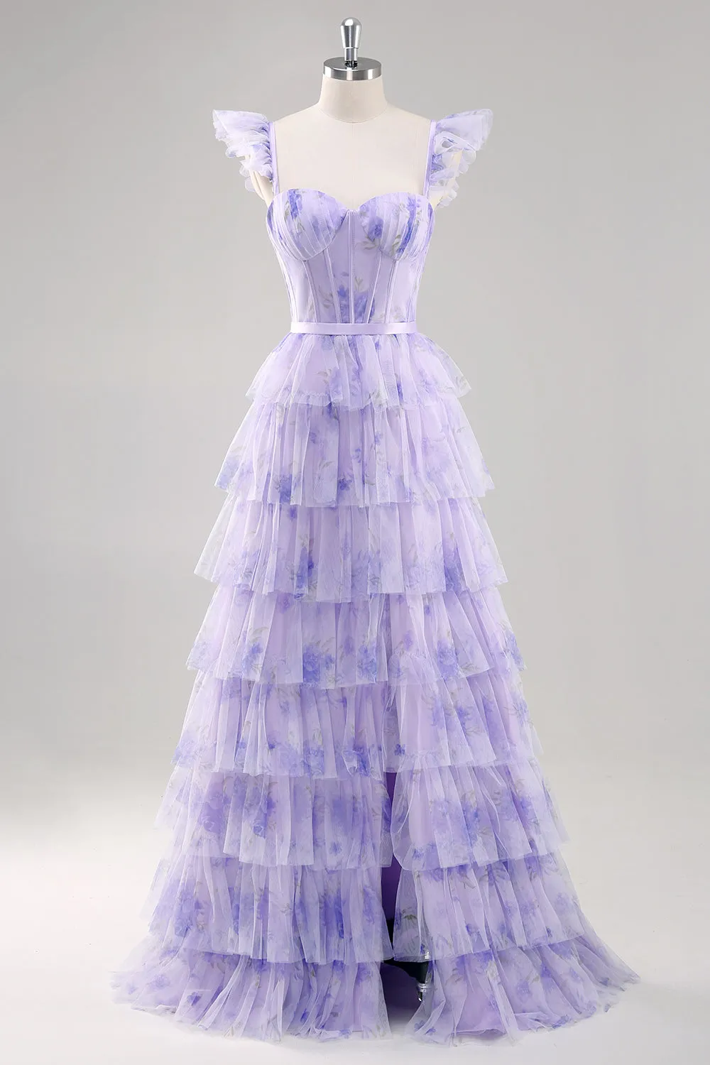 Lavender A Line Tiered Tulle Long Prom Dress with Slit sold by Zapaka