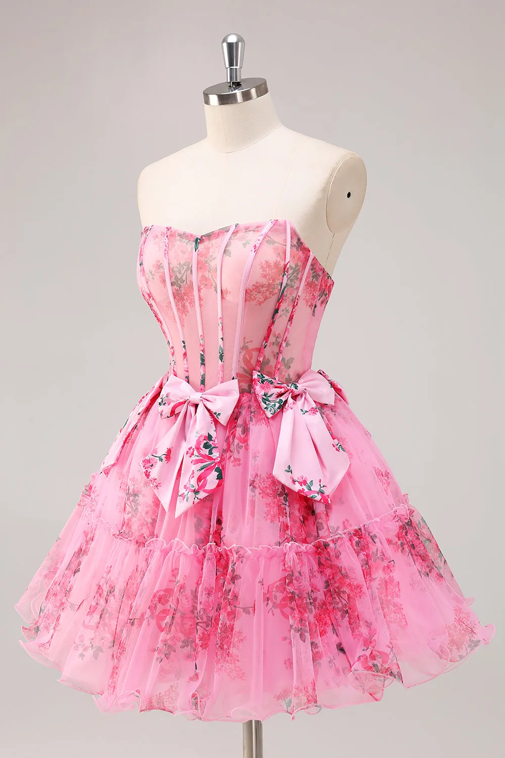 Fuchsia A-Line Floral Strapless Corset Tulle Homecoming Dress with Bows sold by Zapaka product image thumbnail 3