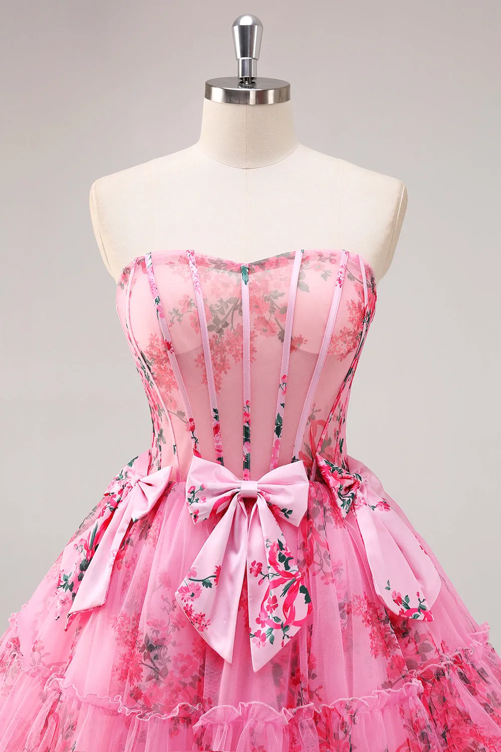 Fuchsia A-Line Floral Strapless Corset Tulle Homecoming Dress with Bows sold by Zapaka product image thumbnail 4