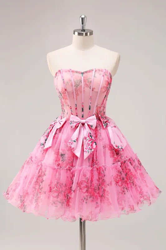 Fuchsia A-Line Floral Strapless Corset Tulle Homecoming Dress with Bows sold by Zapaka